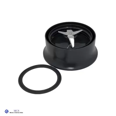 Componente preto arredondado com lâminas metálicas cruzadas e junta de vedação