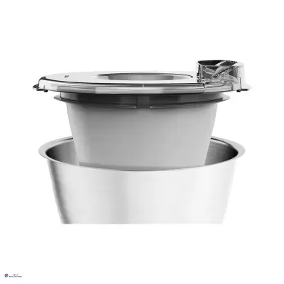 Taça de aço inox com acessório de plástico e tampa transparente com alavanca