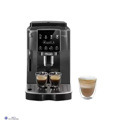 Cafeteira automática preta DeLonghi com duas chávenas de café e uma chávena de latte