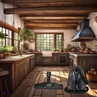 Aspiraor preto moderno da SEVERIN numa cozinha rústica com armários de madeira e plantas