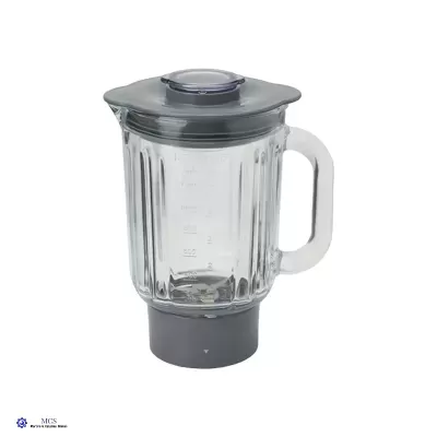 Jarro de liquidificador de vidro transparente com tampa cinzenta e base de plástico