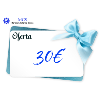 Cartão oferta de 30€ branco e azul com laço azul claro