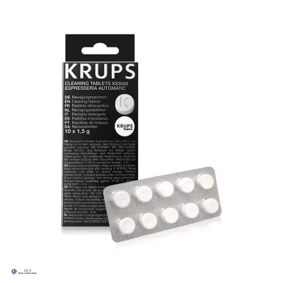 Pastilhas de limpeza KRUPS XS3000 em embalagem preta e branca com blister