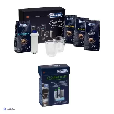 Conjunto DeLonghi com pacotes de café e kit de manutenção