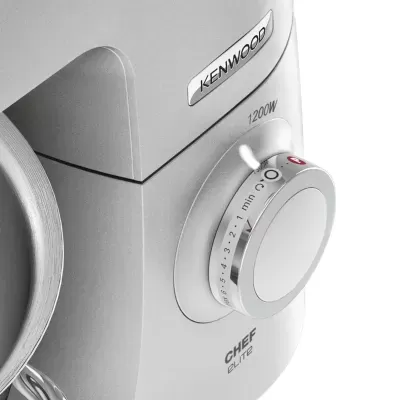 Máquina de cozinha Kenwood Chef Elite branca com botão de controlo redondo prateado
