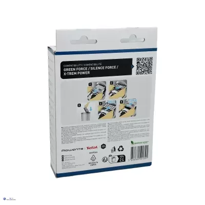 Caixa branca e azul com instruções e texto de compatibilidade para produtos de marca Rowenta e Tefal