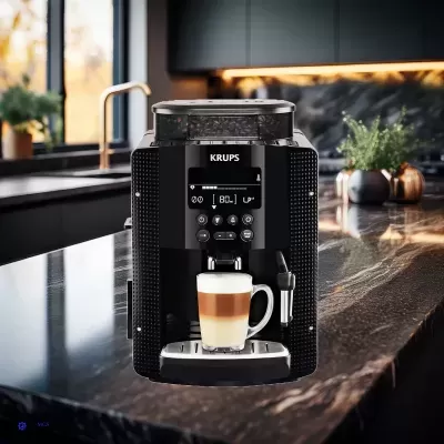 Máquina de café expresso KRUPS preta com visor digital e chávena de leite espumado