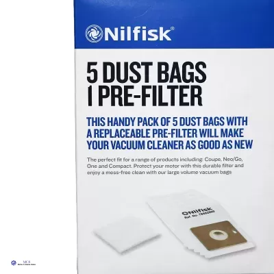 Embalagem da Nilfisk com 5 sacos de pó e 1 pré-filtro para aspirador.