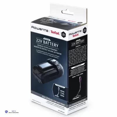 Embalagem de bateria Rowenta Tefal 22V em branco e preto com texto e imagem da bateria