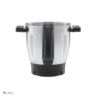 Jarro branco com alças pretas e base preta em fundo branco