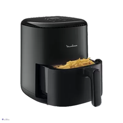 Air fryer preta Moulinex com batatas fritas no recipiente