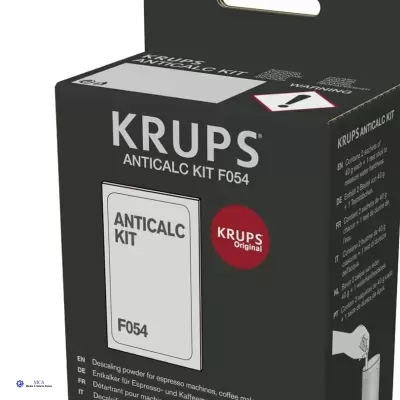 Embalagem preta e branca do kit anticalc da KRUPS com selo vermelho e texto multilingue