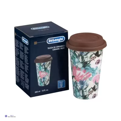 Caneca de cerâmica com tampa castanha e padrão floral ao lado da caixa azul DeLonghi.