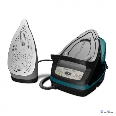 Ferro de engomar a vapor Rowenta preto e azul com base metálica perfurada