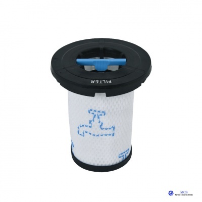 Filtro cilíndrico branco com topo preto e pega azul, com a palavra FILTER escrita no topo.