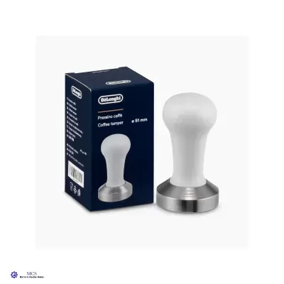 Tempero de café Delonghi com cabo branco e base metálica ao lado da embalagem azul