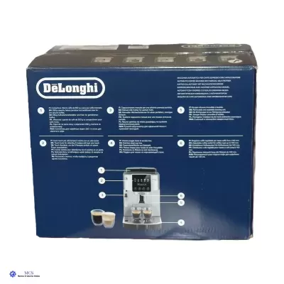 Embalagem azul DeLonghi com máquina de café expresso automática e texto explicativo