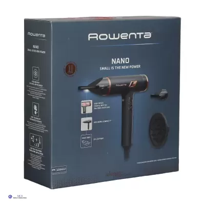 Caixa do secador de cabelo Rowenta Nano com acessórios em fundo escuro