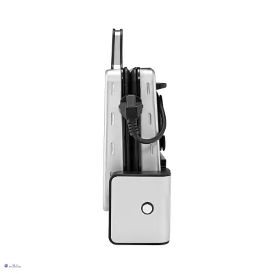 Aparelho elétrico branco com cabo enrolado, vista lateral