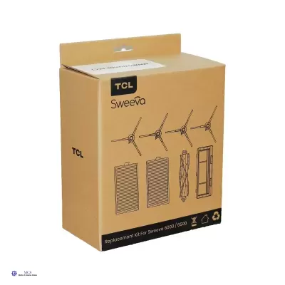 Caixa castanha do kit de substituição TCL Sweeva para aspirador robô com ilustrações e texto preto