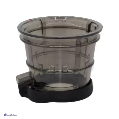 Recipiente plástico translúcido cinzento escuro com tampa e base pretas