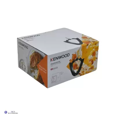 Caixa de utencilho de cozinha Kenwood, branco com laranja e preto, mostrando batedor de creme e ovos mexidos.