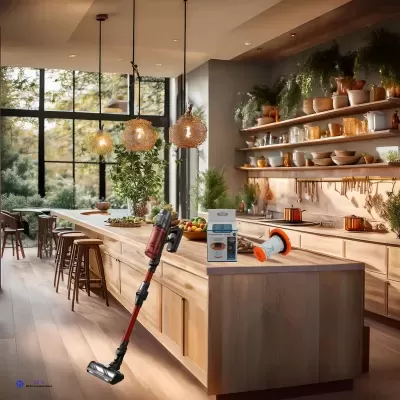 Aspirador vertical vermelho e preto numa cozinha moderna com ilha e prateleiras de madeira