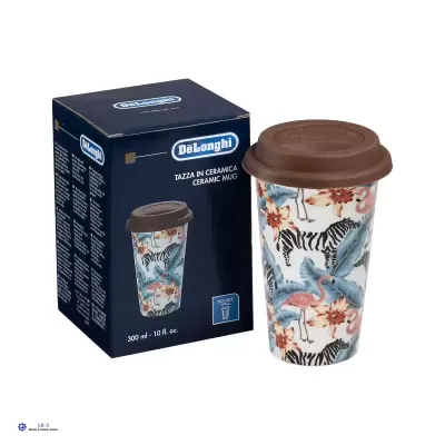 Caneca de cerâmica colorida com tampa castanha e caixa azul DeLonghi