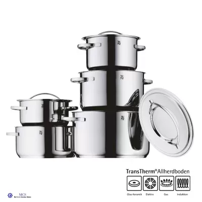 Conjunto de panelas em aço inoxidável prateadas com tampas e ícones de compatibilidade