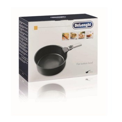 Caixa de tacho preto DeLonghi com imagens de pratos e texto 'Flat bottom bowl'