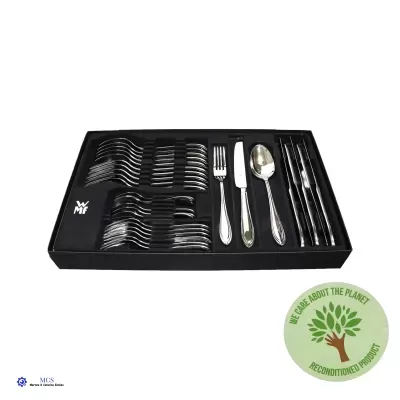 Conjunto de talheres em inox prateado numa caixa preta com selo ecológico