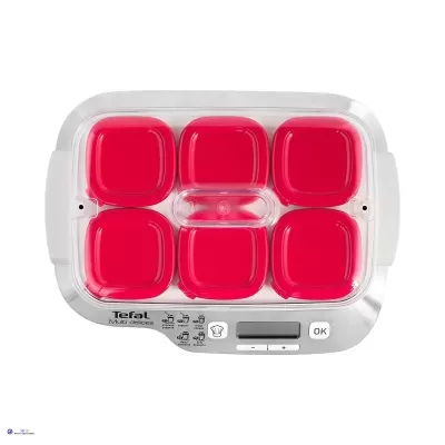 Conjunto Tefal Master Seal com seis recipientes quadrados vermelhos e base branca com visor digital