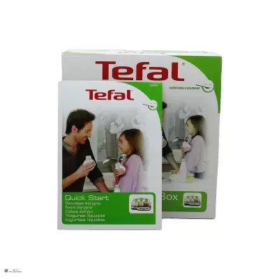 Caixa de embalagem Tefal Quick Start para líquidos com imagem de homem e criança