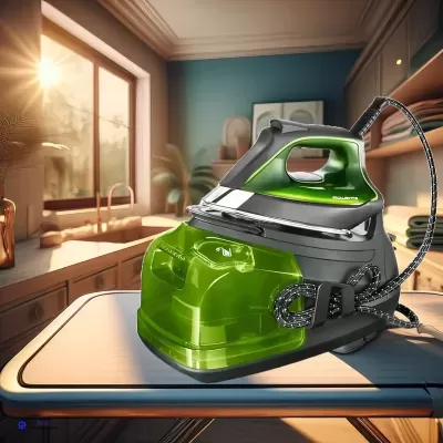 Ferro de engomar Rowenta verde e preto numa tábua de engomar com luz natural