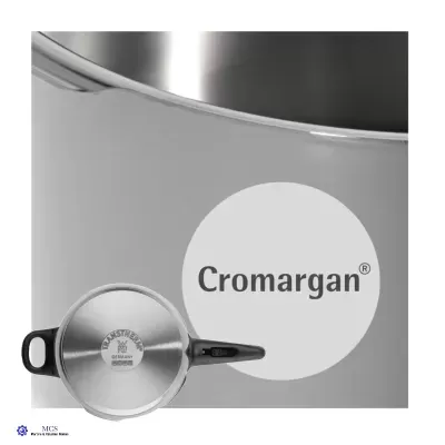 Panela de aço inoxidável Cromargan com tampa e alça preta