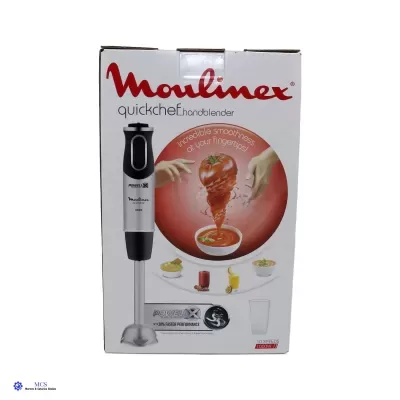 Embalagem branca com mixer manual Moulinex quickchef e imagens de alimentos.