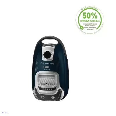 aspirador de pó Rowenta preto com selo de poupança de energia
