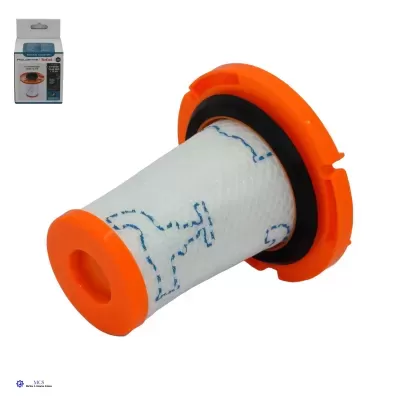 Filtro para aspirador em plástico amarelo alaranjado e malha branca com embalagem