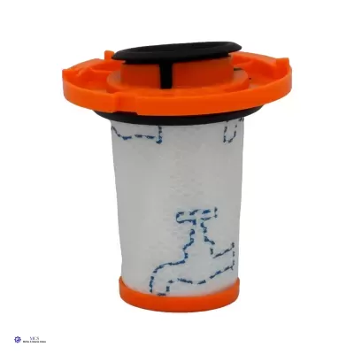 Filtro cilíndrico com tampa preta e detalhes laranja e branco com desenho azul