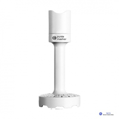 Purê amassadeiral de plástico branco com texto 'purée masher'