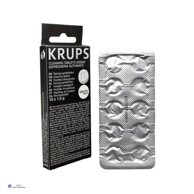 Pastilhas de limpeza para máquina de café expresso KRUPS em embalagem preta e lata prata