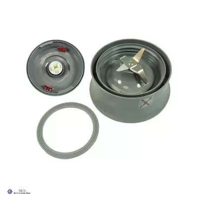 Peças de liquidificador: tampa, lâmina e anel de vedação cinzentos