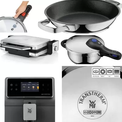 Conjunto de utensílios de cozinha WMF incluindo panela de pressão, grelhador, frigideira, e máquina de café