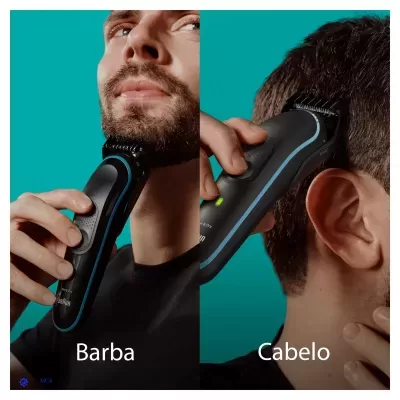 Aparelho de corte preto com detalhes azuis usado em barba e cabelo
