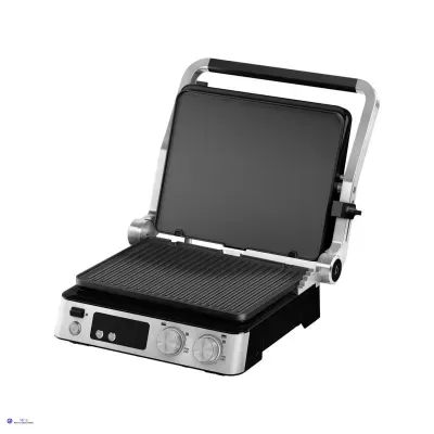 Máquina de grelhar elétrica prateada com superfícies de cozedura pretas