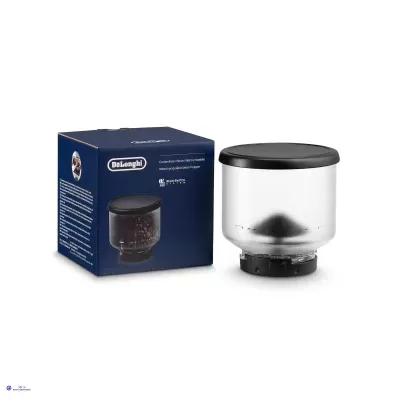 Moinho de café DeLonghi branco com tampa preta ao lado da sua caixa azul