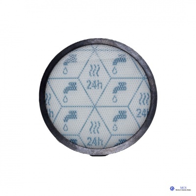 Visor redondo preto com padrão azul de torneiras e texto 24h