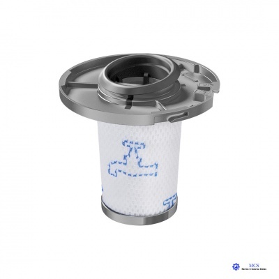 Filtro de água branco com tampa cinzenta e fundo metálico em fundo branco