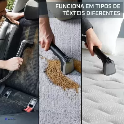 Aspirador a limpar estofado de carro, carpete e colchão com texto explicativo.