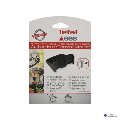 Empunhadura preta para panela Tefal e SEB em embalagem com texto e instruções.